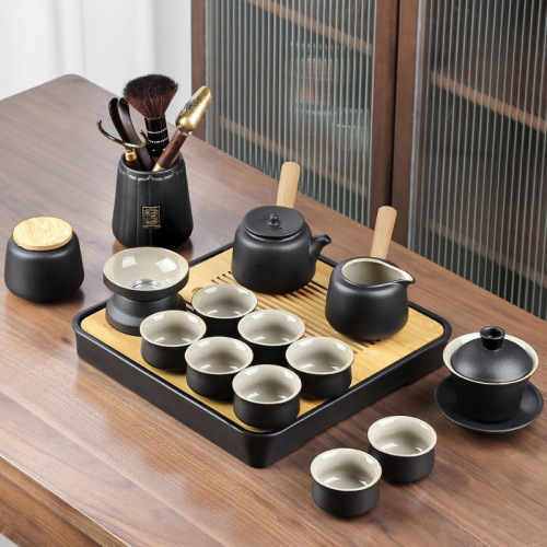 Black Porcelain Japanese Tea Set Home Living Room Simple Kung Fu Tea Set Office Tea Tray Set Factory Direct Sales