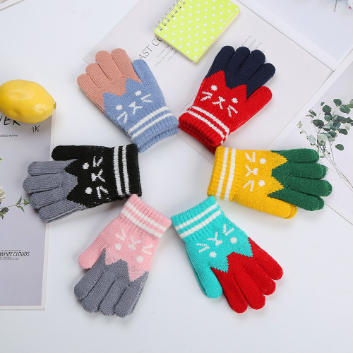 Winter Boys and Girls Cute cat plus Velvet Thickened Warm Knitted Cashmere Gloves Factory Wholesale