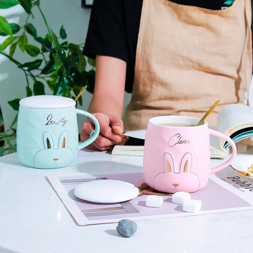 Cute Cute Rabbit Cartoon hand Cup with Lid Spoon Household Tea Coffee Couple Cup Mug