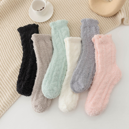 New Lace Coral Fleece Socks Solid Color Half Velvet Thickened Thermal Home Wear Room Socks plus Velvet Sleep Maternity Socks