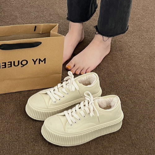 fleece-lined white shoes for women 2022 new autumn and winter online celebrity korean style versatile lightweight platform biscuit shoes board shoes