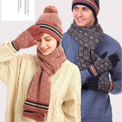 export original single scarf hat gloves three-piece suit autumn and winter men‘s and women‘s same knitted snowflake warm wool