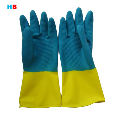 Xinqing 80G Foreign Trade Blue and Yellow Two-Color Household Waterproof Non-Slip Dishwashing Household Kitchen Latex Gloves