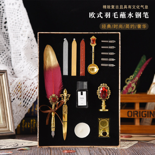 European Style Platinum Retro Dipped in Water Pen Kit Exquisite Letter Opener Retro Base Fire Paint Gift Box Creative Gift