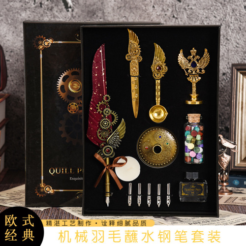 Vintage Wings Feather Pen Kit Luxury Mechanical Multi-Purpose Gift Box DIY Hand Account Business Gift Creative Gift