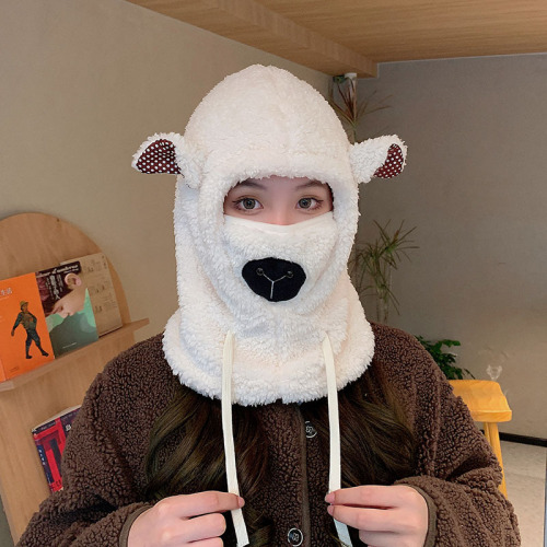 cute lamb ears hat mask two-piece set autumn and winter thickened warm neck protection lanyard cap fashion all-match fashion