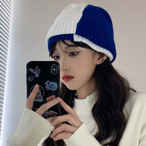 Japanese Klein Blue Wool Hat Female Winter Blue and White Color Matching Knitted Melon Skin Hat Warm Cold Hat Male Tide 