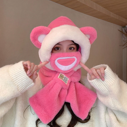 2023 new bear ear hat scarf mask set autumn and winter thick warm cold-resistant cute wild fashion