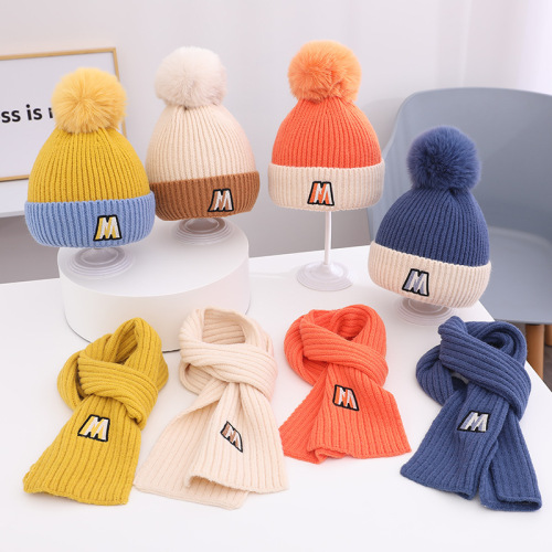 children‘s wool hat scarf two-piece suit autumn and winter letter thickened knitted warm boys and girls knitted hat tide