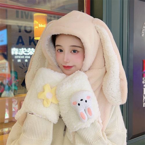 Sweet and Cute Flower Bunny Long Ears Hat Scarf Gloves Integrated Three-Piece Thickened Warm and Cold-Proof Suit