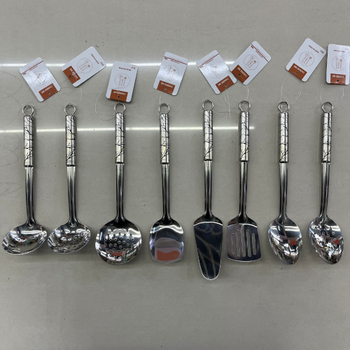 [huilin] stainless steel kitchenware toy coyer steel handle marbling soup spoon and strainer long tongue spoon