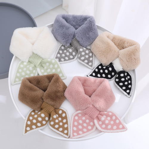 autumn and winter children‘s scarf new warm fur collar plush stitching dot knitted cross male and female baby all-match scarf