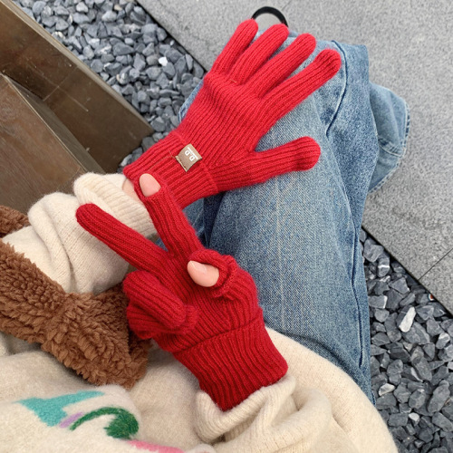 2023 new solid color touch screen gloves korean style ins style labeling finger autumn and winter warm wool knitted gloves