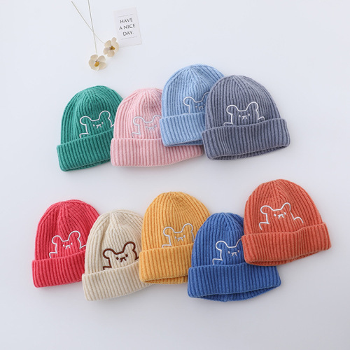 2023 autumn and winter korean style children‘s hat baby wool cap candy color embroidered bear knitted pullover skullcap