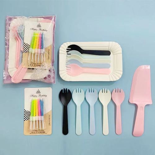 Birthday Cake Tableware Cake Cutlery Tray Disposable Service Plate Knife， Fork and Spoon Plate Candle Fork Plate Set Combination
