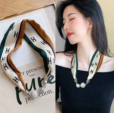 magnetic buckle scarf summer necklace lazy scarf pendant thin scarf hair band neck protection clavicle pearl small scarf long strip