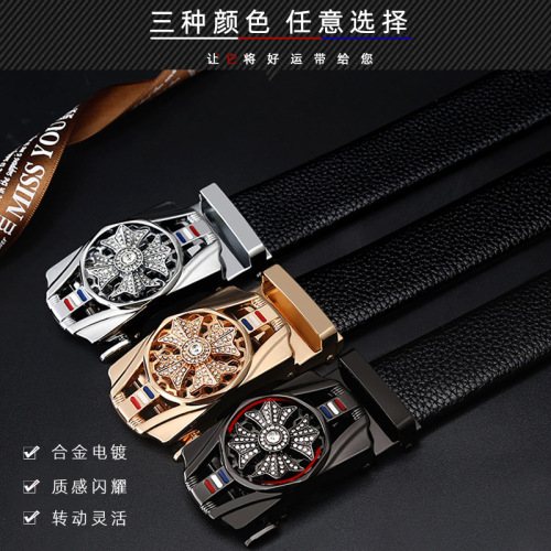 Automatic Leather Buckle Belt Men‘s Casual Lychee Pattern Pant Belt Versatile Business Rotating Buckle Belt Youth