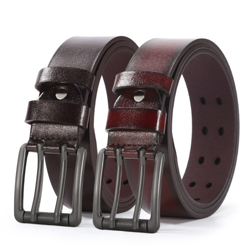 Cross-Border Hot Men‘s Double Row Pin Buckle Belt Cowhide Belt Vintage Casual Pants Belt Factory Spot Wholesale direct Sales