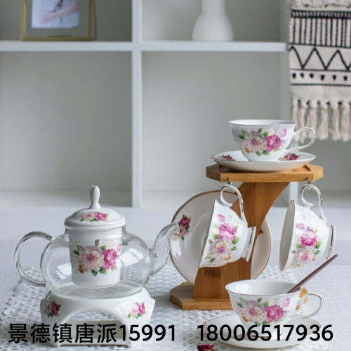 Jingdezhen 6 Cups 6 Saucers Bamboo Wood Saucer Or Porcelain Plate Pure White Series Coffee Set Coffee Cup with Shelf Ceramic Cup