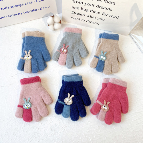 Cartoon Children‘s Warm Gloves Winter Cold-Proof Woolen Children‘s Kindergarten Baby Writing Five Fingers Thin No Pilling