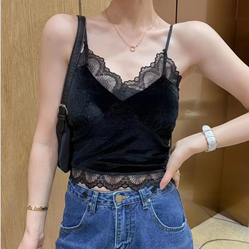 2022 Autumn and Winter New Lace Fashion Gold Velvet Sling All-Match Slim Vest