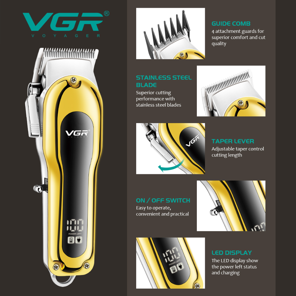 VGR680 All-Metal Electric Hair Clipper Fine-Tuning Gradient Oil Head Hair Cutter LCD Digital Display Electric Trimmer