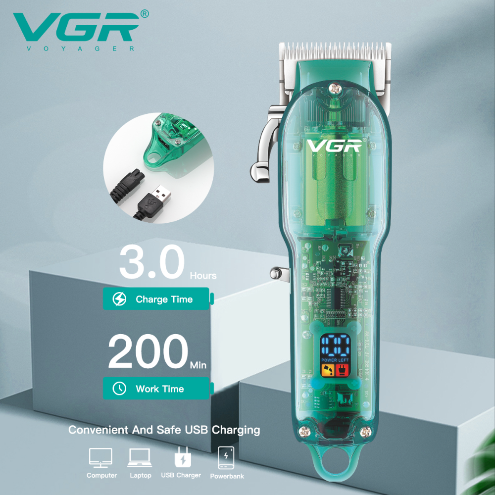 VGR660 Digital Display New Transparent Hair Clipper Rechargeable Gradient Electric Hair Salon Men's Hair Trimmer