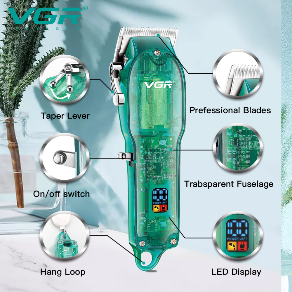 VGR660 Digital Display New Transparent Hair Clipper Rechargeable Gradient Electric Hair Salon Men's Hair Trimmer