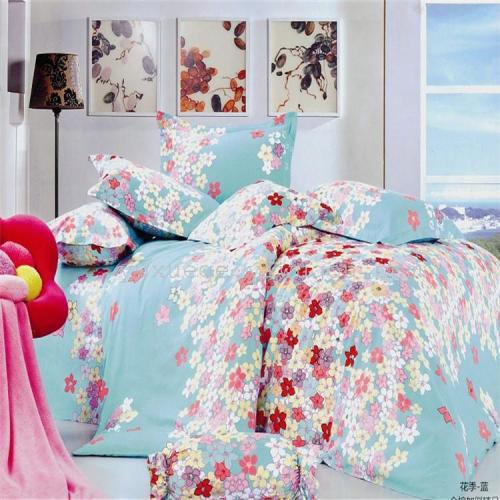 Snow Pigeon Home Textile 100% Cotton Active Printed Four-Piece Bedding Set Colorfast and Pilling Quality Assurance Factory Direct Sales-Flower Season （Blue）