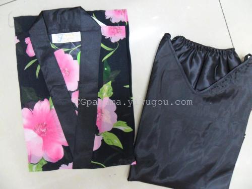 Summer Ladies silk Chiffon Suspenders Pajamas Sexy Short Sleeve Processing Nightdress Nightgown Three Pieces
