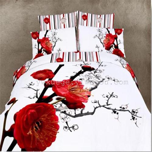 3d cotton four-piece cotton creative bedding four-piece set foreign trade bedding red plum