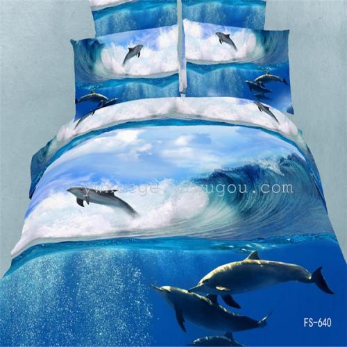foreign trade snow pigeon home textile 3d oil painting bedding high-grade cotton active printed four-piece bedding set surfing hee wave