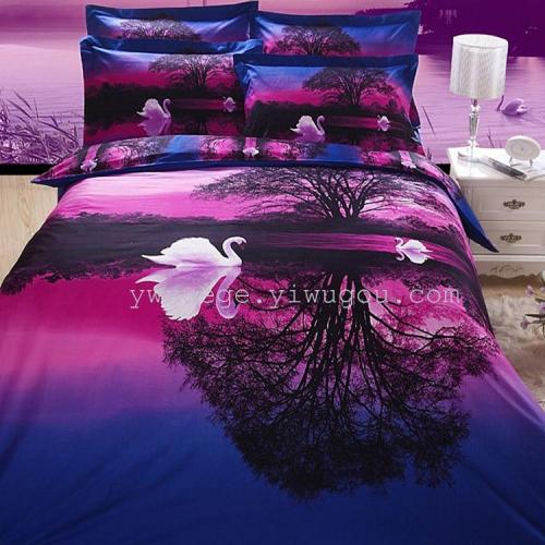 3d active printing and dyeing ink painting animal series swan lake bedding kit four-piece bedding set