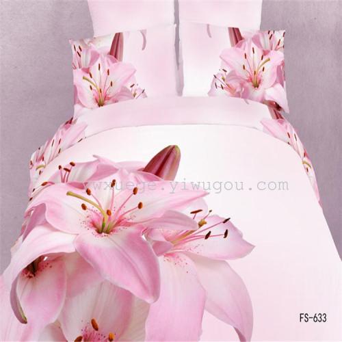 Four-Piece Set of Foreign Trade Bedding Personalized Cotton 3D Ink Painting Four-Piece Set of Autumn Water Hibiscus Factory Direct Sales