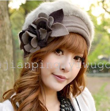 customization as request korean women‘s beret flower angora wool women‘s rabbit fur hat autumn and winter women‘s hat
