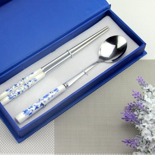 Blue and White Porcelain Tableware Stainless Steel Chopsticks Spoon Kit Gift Set Wedding Business Meeting Gifts 