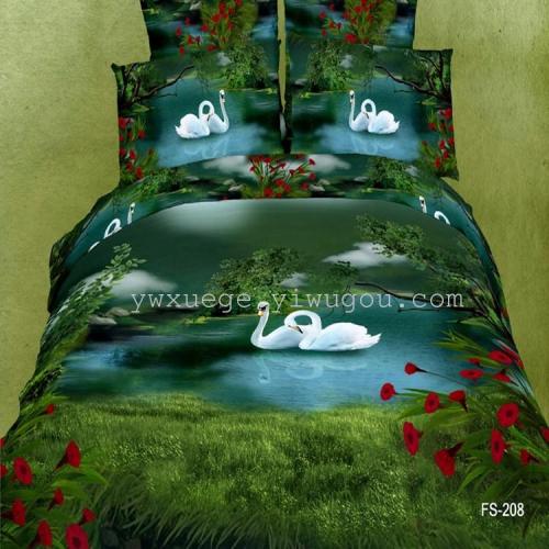 Snow Pigeon Home Textile New Oil Painting 100% Cotton Reactive Printed Four-Piece Set Swan Lake Bedding Wholesale