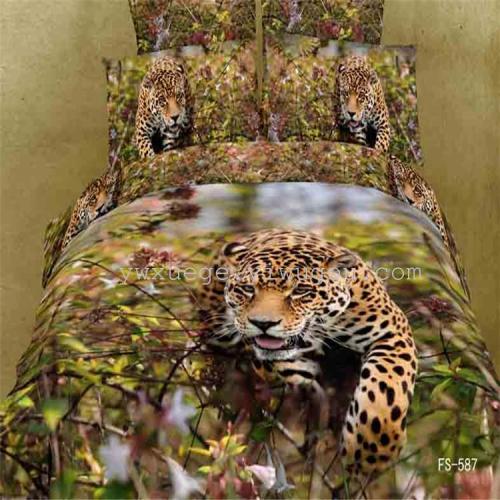 3D Positioning Active Printing and Dyeing Ink Painting Animal Series Leopard Hunting Swan Playing Water Four-Piece Bedding Set