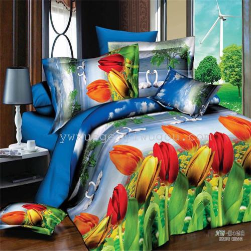 Polyester Cotton Active 3D Large Flower Four-Piece Bedding Set Factory Direct Sales --- Lake Heart Love Song