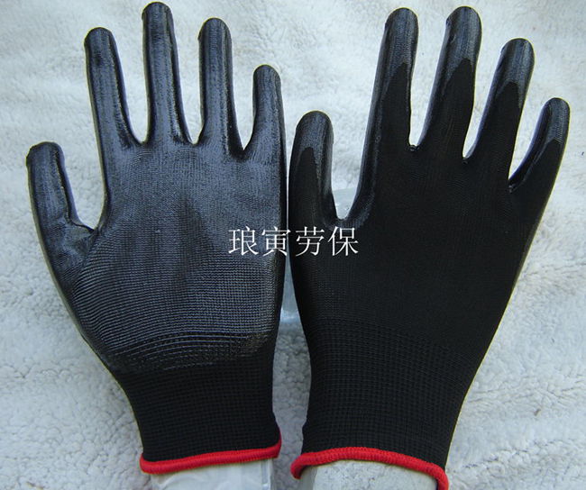Lang Yin working gloves Dengqen NBR Gloves Black oil resistant nylon nitrile gloves