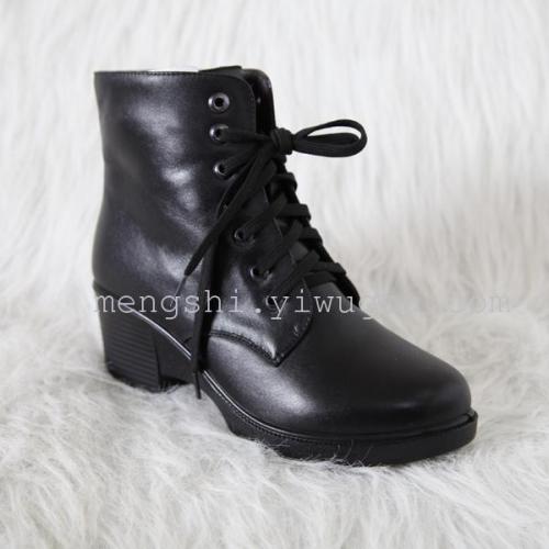 Mengshi Base Cowhide Wool Chunky Heel Authentic Leather Work Shoes