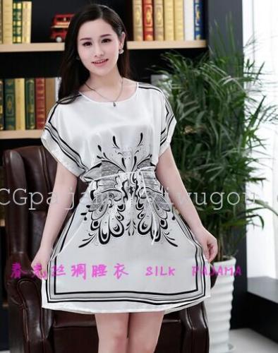 women‘s artificial silk pajamas summer short sleeve cute plus size nightdress fat real silk nightdress 2014 best selling