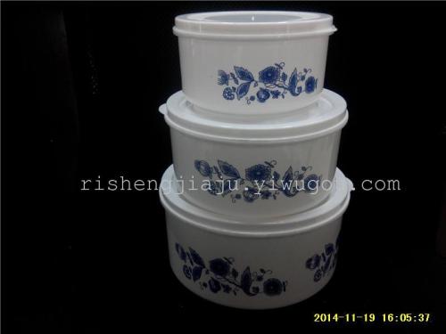blue and white sealed storage box three-piece microwave oven round gift crisper rs-1196