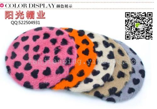 fashion love pattern rabbit fur warm knitted hat women‘s round beret