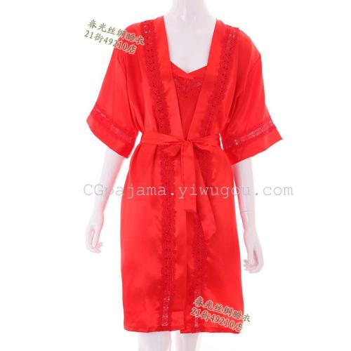 summer silk-like red lace women‘s sexy breathable strap nightdress foreign trade pajamas