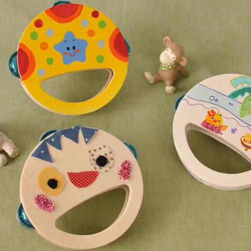 幼儿手工diy木质手摇铃鼓