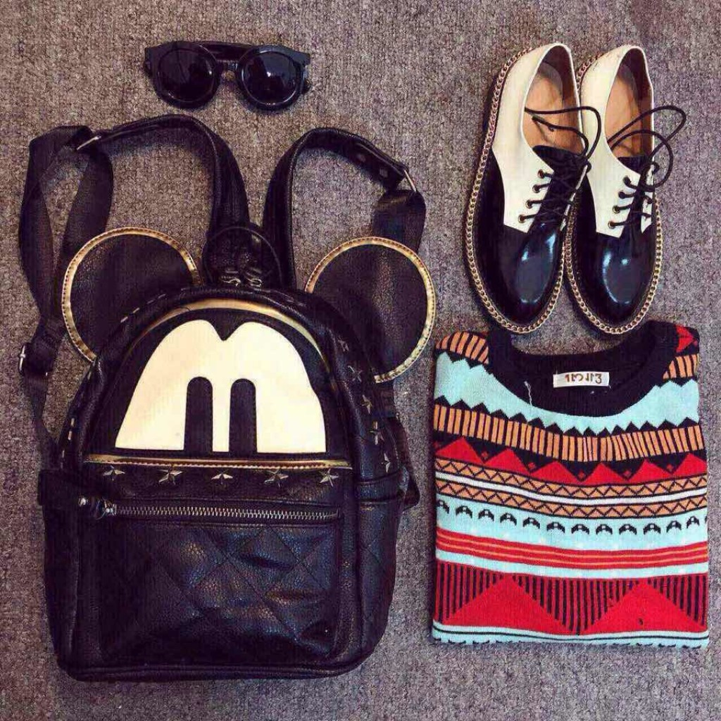 2015韩版双肩包米奇头铆钉双肩包休闲学生书包手提包大耳朵包