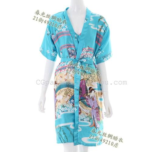 silk-like pajamas summer cherry blossom japanese beauty noble sexy breathable strap nightdress foreign trade two-piece set