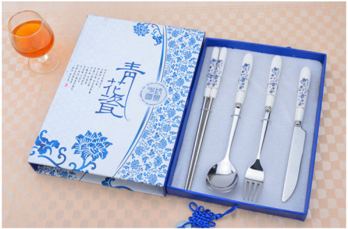 blue and white porcelain four-piece tableware set gift creative high-grade stainless steel knife， fork and spoon chopsticks gift box customization
