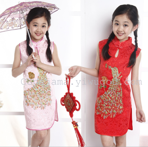spring and Summer Girls‘ Cute Peacock Embroidered Short Sleeve Improved Cheongsam Tang Suit Performance Dress